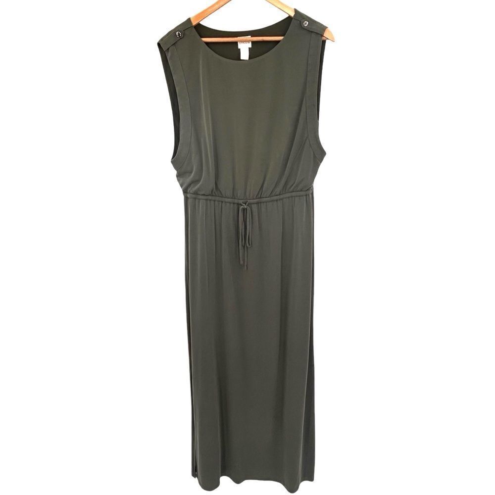 Chicos olive green tie-waist embellished shoulder maxi dress size large